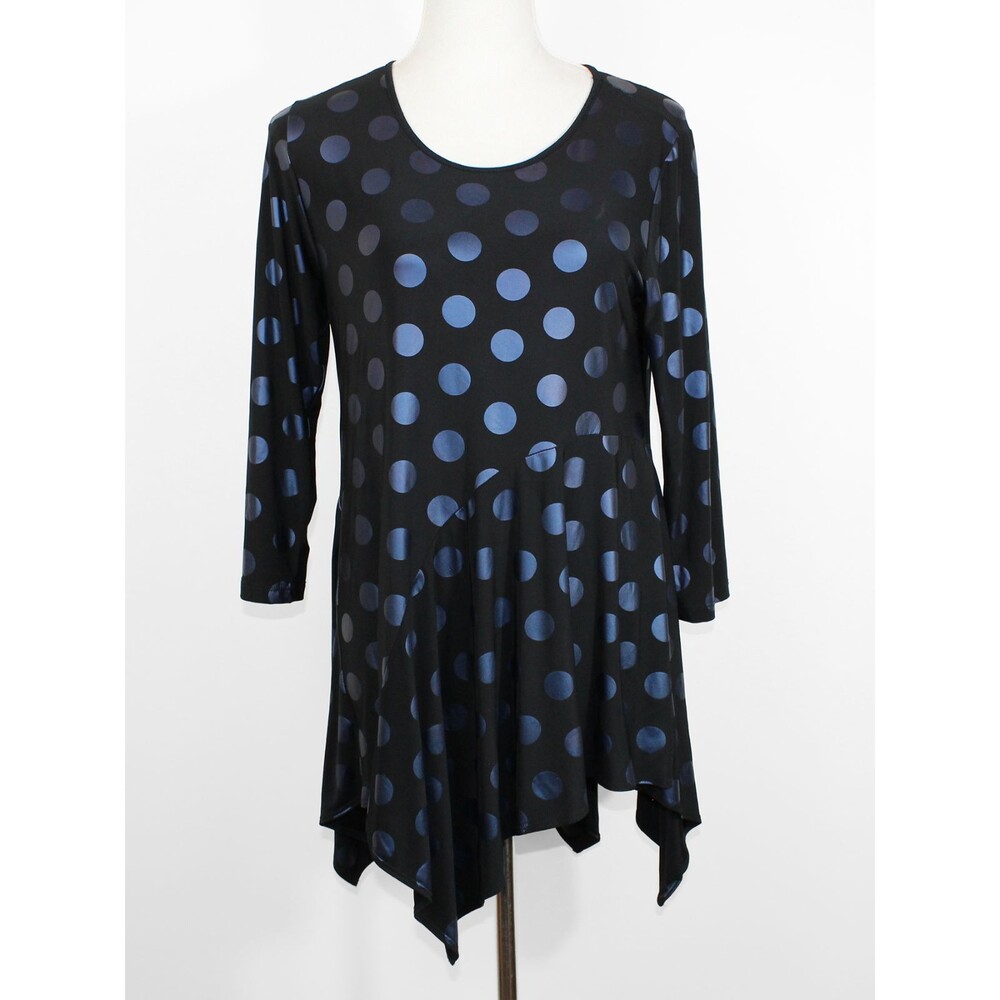 Comfy USA Size Small Blue Metallic Polka Dot Black Asymmetrical Tunic Lagenlook